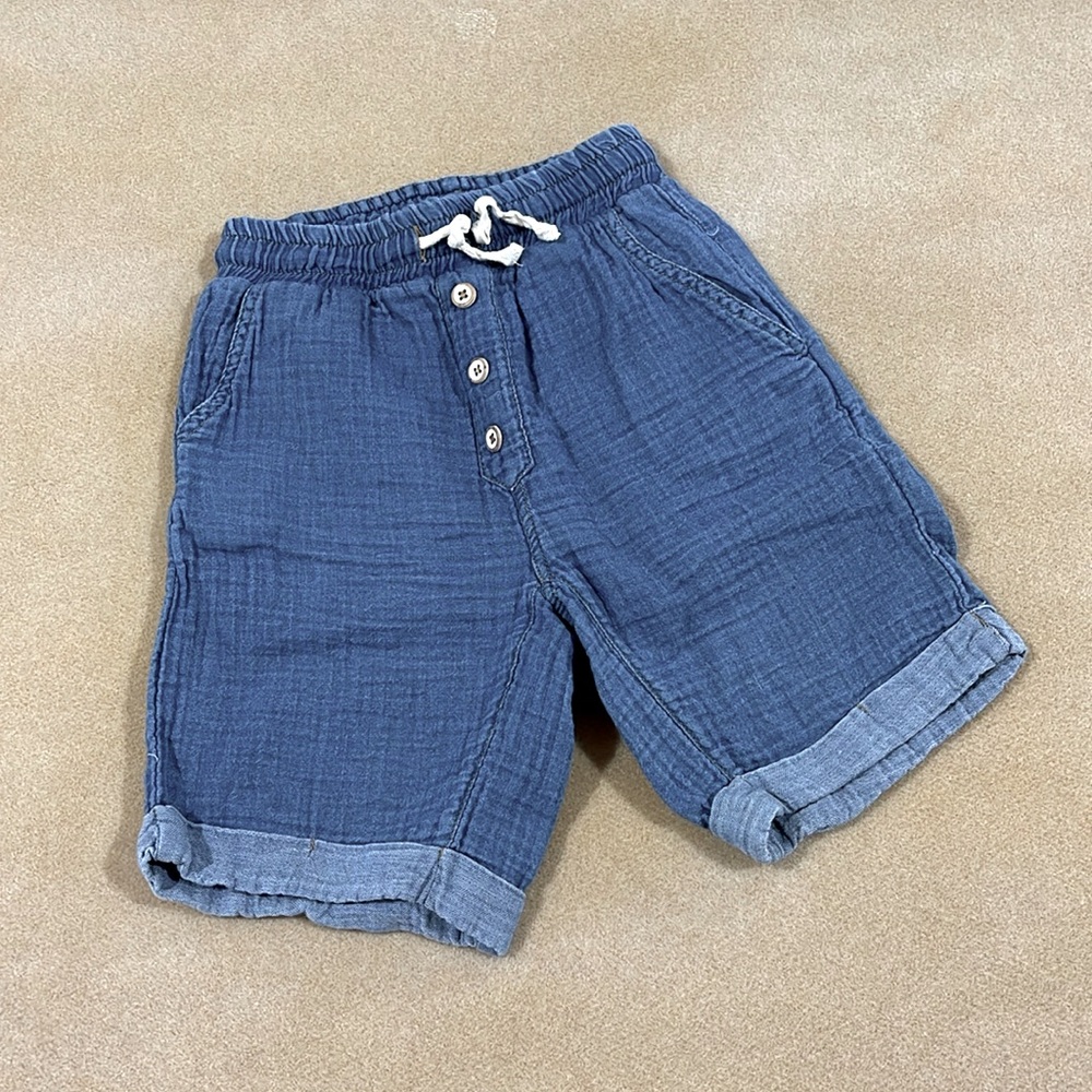 BOYS BUHO INDIGO COTTON CRINKLE BERMUDA SHORTS WITH DRAWSTRING ELASTIC WAIST 4Y